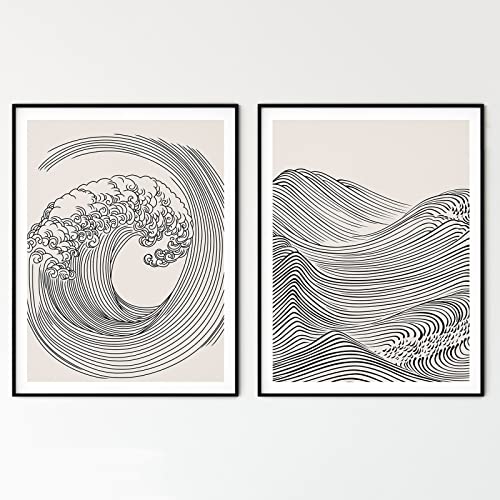 PAINURA Japanisches Wellen-Poster, abstrakte Wandkunst, minimalistischer Druck, abstrakte Ozeankunst, schwarz-weiß, Leinwandkunst für Schlafzimmer, Wanddekoration (40.6x61x5 cm, ungerahmt) von PAINURA