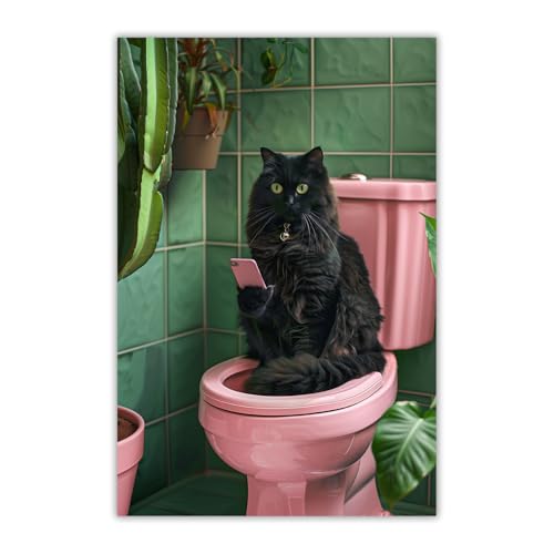 PAINURA Schwarze Katze, Wandkunst, lustige Badezimmer-Wanddekoration, Katze auf Toilette, Leinwandgemälde, niedliche Bilder für Schlafzimmer, lustige Tierposter, rosa Badezimmer-Dekoration, Katze, von PAINURA