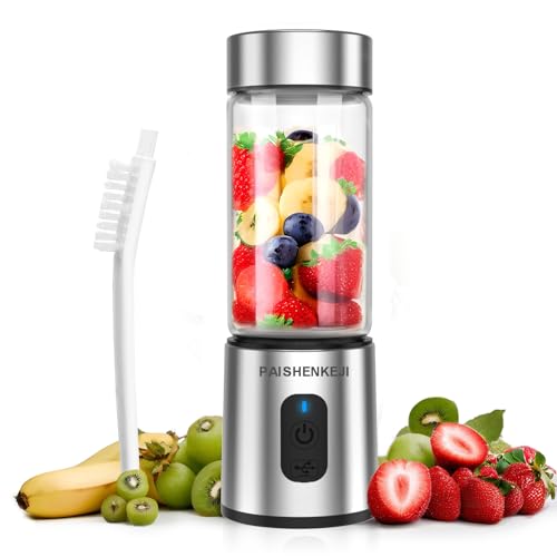 Mixer Smoothie Maker to Go Glas - Tragbarer Mini Blender 400ml Glasbehälter Smoothie Mixer mit 6-Klingen Edelstahl, USB Portable Blender für Saft, Shake Smoothie und Babynahrung von PAISHENKEJI