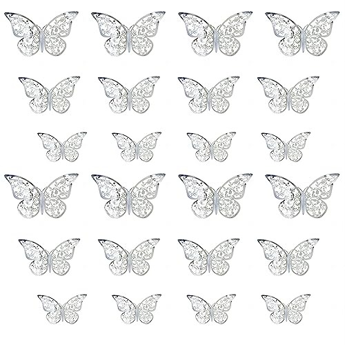 PAITOK 3D-Schmetterlings-Wandaufkleber für Kinderzimmer, 24 Stück in 3 Größen, Schmetterlings-Wandaufkleber für Heimdekoration, Hochzeit, Party-Dekoration (Silber) von PAITOK