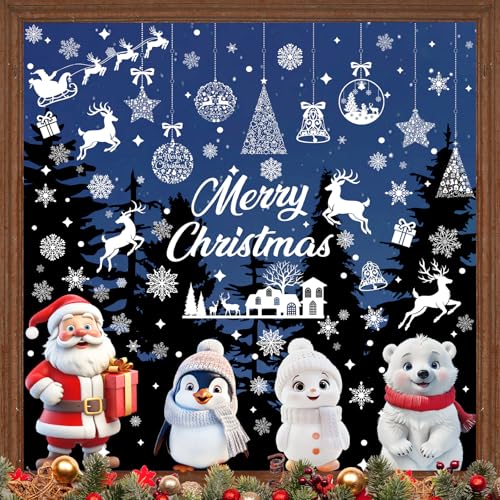 Fensterbilder Weihnachten Selbstklebend, 9 Blätter Weihnachts Fensterbilder, Weihnachtsmann Schneemann und Schneeflocke Fensterbilder für Weihnachten und Winter Fenster Dekoration von PAIVSUN