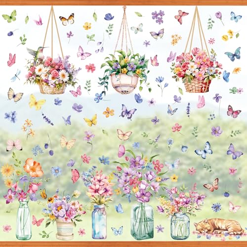 PAIVSUN Fensterbilder Frühling, 9 Blätter Fensterdeko Selbstklebend mit Tulpen Schmetterling Kolibri, Blumen Frühlingsdeko Aufkleber für Fenster Dekoration (Flower-1) von PAIVSUN