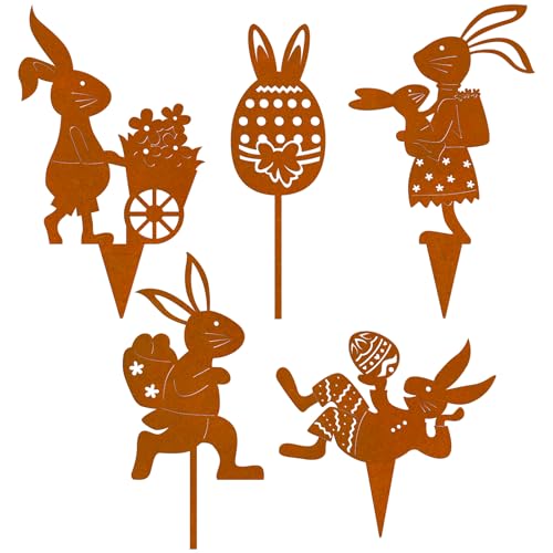 PAIVSUN Osterhase Deko 5er Gartenstecker, Ostern Rost Blumenpott deko für Draußen, Rost Metall Osterdeko Hasen Roststecker für Ostern und Frühling Gartendeko von PAIVSUN