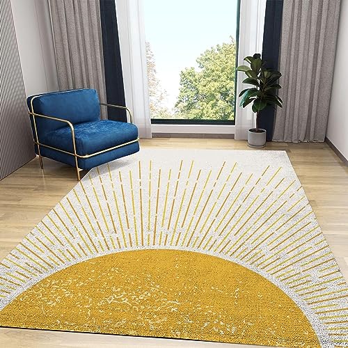 PAJEON Boho Mid Century Sonnenaufgang Gelbe Sonne Teppiche Gegend, 140 x 200 cm Kurzflor Kinderteppich - für Terrasse Garten, Küche, Bad Oder von PAJEON