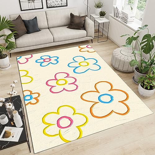 PAJEON Cartoon Doodle Bunte Blumen Teppiche Gegend, 80 x 150 cm Maschinengewebt Schlafzimmerteppich - für Schlafzimmer Wohnzimmer Esszimmer Balkon von PAJEON