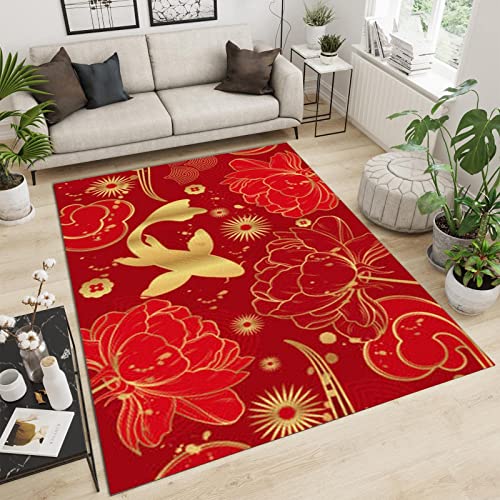PAJEON Chinesischer Stil, Mode, Goldener Roter Lotus Teppiche Gegend, 80 x 150 cm Maschinengewebt Schlafzimmerteppich - für Schlafzimmer Wohnzimmer Esszimmer Balkon von PAJEON