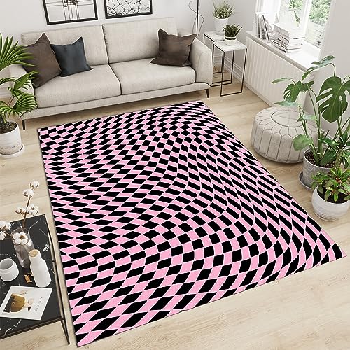 PAJEON Dusty Rose Distorted Plane Black Checkered Teppiche, 70 x 140 cm Kurzflor Kinderteppich - für Terrasse Garten, Küche, Bad Oder von PAJEON