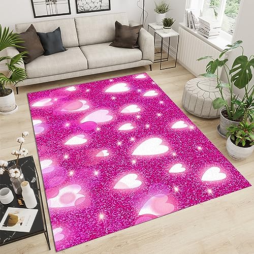 PAJEON Funkelndes Feuriges Rosa Herz Valentinstag Thema Teppiche, 120 x 170 cm Maschinengewebt Flachgewebter Teppich - für Wohnzimmer, Kinderzimmer, Schlafzimmer und die Küche von PAJEON