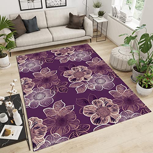 PAJEON Moderne Luxuriöse Lila Goldene Blumen Teppiche Gegend, 80 x 150 cm Maschinengewebt Schlafzimmerteppich - für Schlafzimmer Wohnzimmer Esszimmer Balkon von PAJEON
