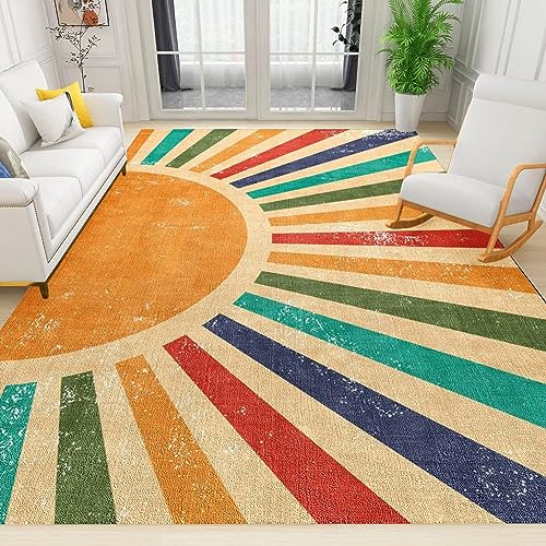 PAJEON Regenbogen Boho Vintage Bunt Indoor-Teppich, 100 x 150 cm Waschmaschinenfest Wohnzimmerteppich - für Wohnzimmer, Kinderzimmer, Schlafzimmer und die Küche von PAJEON