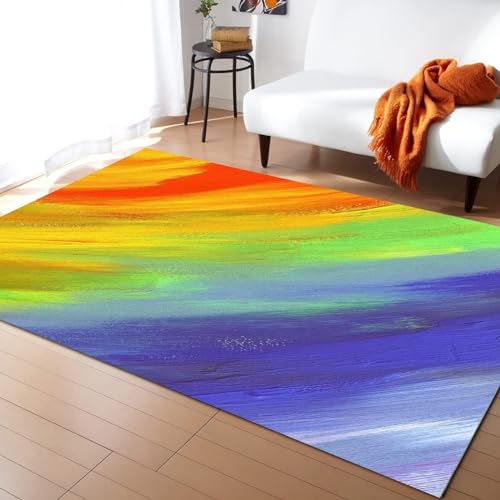 PAJEON Regenbogen-Ölgemälde, Gestreifter Regenbogen Teppiche Gegend, 80 x 150 cm Maschinengewebt Schlafzimmerteppich - für Schlafzimmer Wohnzimmer Esszimmer Balkon von PAJEON