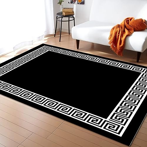 PAJEON Retro Einfacher Schwarzer Weißer Geometrischer Griechischer Schlüssel Teppiche Gegend, 80 x 150 cm Maschinengewebt Schlafzimmerteppich - für Schlafzimmer Wohnzimmer Esszimmer Balkon von PAJEON