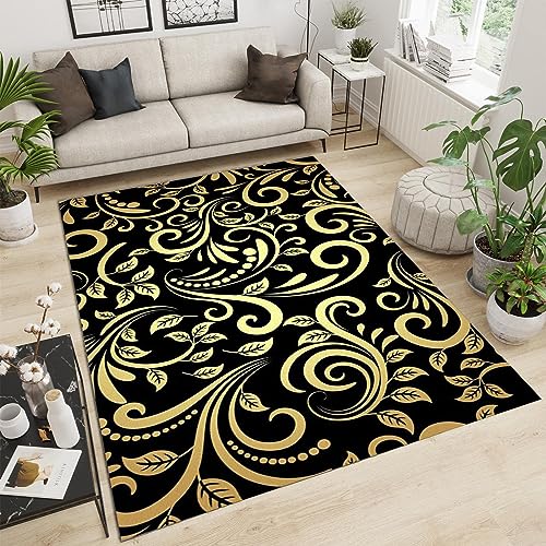 PAJEON Retro Raffinesse Pflanze Aus Schwarzem Gold Teppiche Gegend, 80 x 150 cm Maschinengewebt Schlafzimmerteppich - für Schlafzimmer Wohnzimmer Esszimmer Balkon von PAJEON