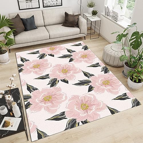 PAJEON Rosa Blumen Schwarze Blätter Einfach Exquisit Teppiche, 120 x 170 cm Maschinengewebt Flachgewebter Teppich - für Wohnzimmer, Kinderzimmer, Schlafzimmer und die Küche von PAJEON