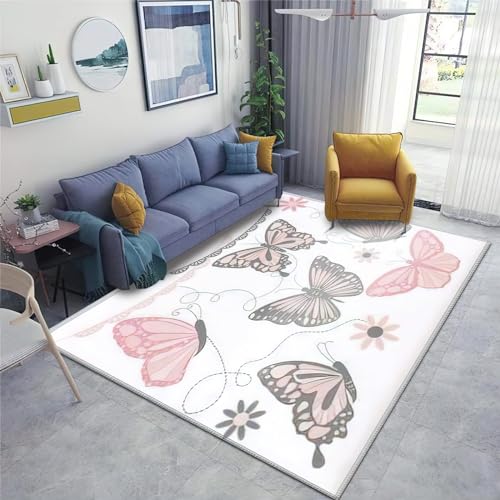 PAJEON Rosa Graue Schmetterlingssilhouette Indoor-Teppich, 60 x 110 cm Maschinengewebt Flachgewebter Teppich - für Wohnzimmer, Kinderzimmer, Schlafzimmer und die Küche von PAJEON