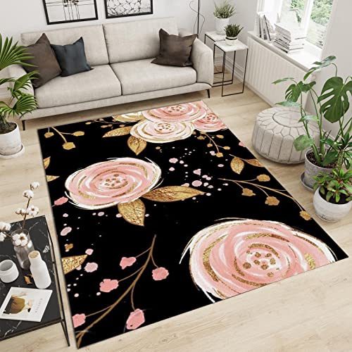 PAJEON Schwarz-Rosa-Blumen-Licht-Luxus-Retro Indoor-Teppich, 170 x 240 cm Kurzflor Kinderteppich - für Terrasse Garten, Küche, Bad Oder von PAJEON