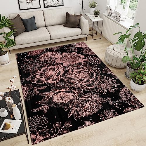 PAJEON Schwarz-rosa Blumen, Luxuriös, Retro, Exquisit Indoor-Teppich, 60 x 110 cm Maschinengewebt Flachgewebter Teppich - für Wohnzimmer, Kinderzimmer, Schlafzimmer und die Küche von PAJEON