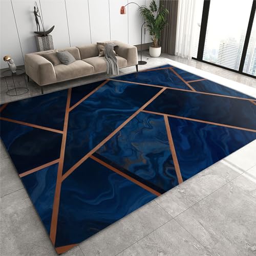 PAJEON Schwarze Goldene Geometrie Teppiche Gegend, Heller Luxus-Blau-Farbverlauf Teppich - Für Wohnzimmer Schlafzimmer Dekor, Indoor-Teppich, Und Langlebig Waschmaschinenfest 160 x 230 cm von PAJEON