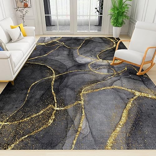 PAJEON Schwarzer Marmor Abstrakt Grau Gold Modern Teppiche Gegend, 180 x 270 cm Maschinengewebt Flachgewebter Teppich - für Wohnzimmer, Kinderzimmer, Schlafzimmer und die Küche von PAJEON