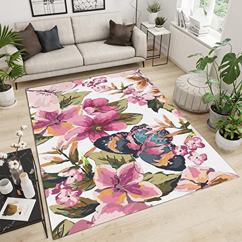 PAJEON Vintage Feiner Weißer Rosa Blumen-Schmetterlingsdruck Teppiche, 160 x 230 cm Waschmaschinenfest Wohnzimmerteppich - für Wohnzimmer, Kinderzimmer, Schlafzimmer und die Küche von PAJEON