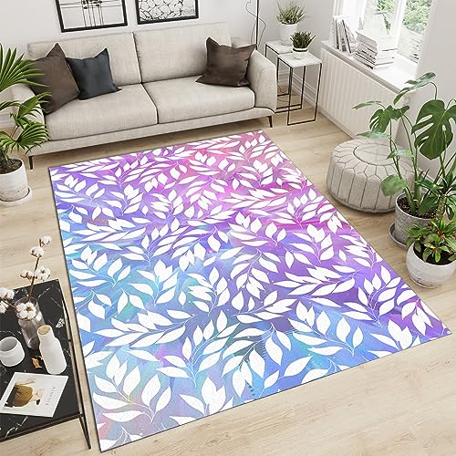 PAJEON Weiße Blätter Mit Rosa Und Blauem Farbverlauf Teppiche Gegend, 80 x 150 cm Maschinengewebt Schlafzimmerteppich - für Schlafzimmer Wohnzimmer Esszimmer Balkon von PAJEON