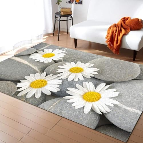 PAJEON Weißer Gänseblümchen-Regenblumenstein Teppiche, 70 x 140 cm Kurzflor Kinderteppich - für Terrasse Garten, Küche, Bad Oder von PAJEON
