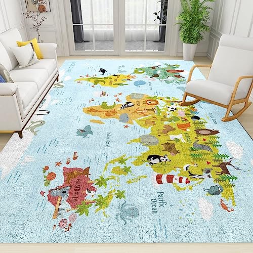 PAJEON Weltkarte Für Kinder Pädagogischer Druck Teppiche Gegend, 140 x 200 cm Kurzflor Kinderteppich - für Terrasse Garten, Küche, Bad Oder von PAJEON