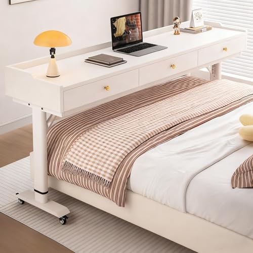 Adjustierbarer Beistelltisch mit Rollen, Vielseitig Platzsparend, Perfekte Ergonomie, Pflegetisch mit Schallwand Metallrahmen, für Home-Office, Arbeiten im Sitzen Stehen(White,130 * 40cm/51 * 15in) von PAKMEZ