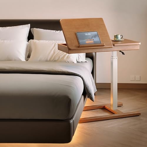 Höhenverstellbarer Beistelltisch mit 4 Rollen, Gestell aus Metall, Vielseitig Platzsparend, Perfekte Ergonomie, für Home-Office, Arbeiten im Sitzen Stehen(Light Brown) von PAKMEZ