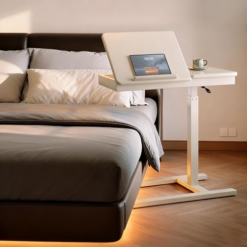 Höhenverstellbarer Beistelltisch mit 4 Rollen, Gestell aus Metall, Vielseitig Platzsparend, Perfekte Ergonomie, für Home-Office, Arbeiten im Sitzen Stehen(White) von PAKMEZ