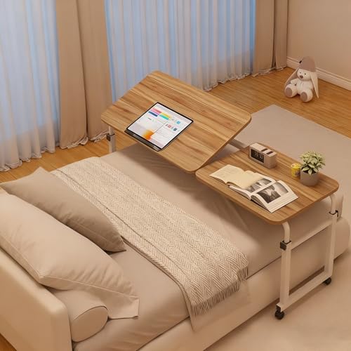 Höhenverstellbarer Beistelltisch mit 4 Rollen, Überbetttisch mit Rollen, Gestell aus Metall, Perfekte Ergonomie, Pneumatisch Stehpult für Sofa Bett Wohnzimme(Brown) von PAKMEZ