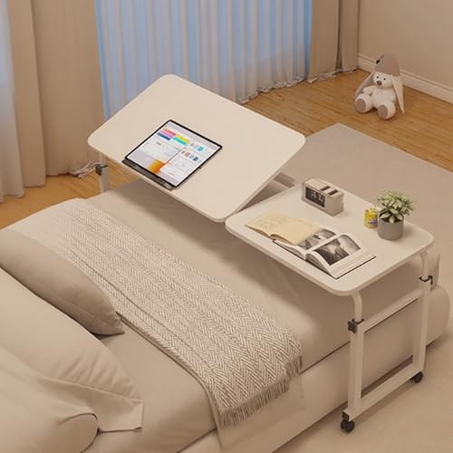 Höhenverstellbarer Beistelltisch mit 4 Rollen, Überbetttisch mit Rollen, Gestell aus Metall, Perfekte Ergonomie, Pneumatisch Stehpult für Sofa Bett Wohnzimme(White) von PAKMEZ