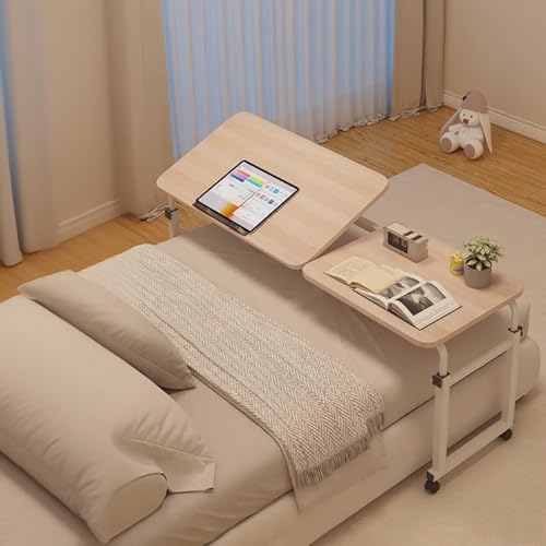 Höhenverstellbarer Beistelltisch mit 4 Rollen, Überbetttisch mit Rollen, Gestell aus Metall, Perfekte Ergonomie, Pneumatisch Stehpult für Sofa Bett Wohnzimme(Wood) von PAKMEZ