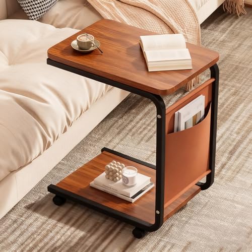 Laptop-Tisch mit Rollen, Perfekte Ergonomie, Pflegebett Beistelltisch, Vielseitig Platzsparend, Gestell aus Metall, für Sofa, Bett oder Büro, Kleiner Schreibtisch(Brown,45 * 30 * 65cm/17 * 11 * 25in) von PAKMEZ