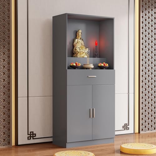PAKMEZ 2-Stufiger Altarschrank, Neuer Vertikaler Schrank im Chinesischen Stil Opfertisch, Handgefertigter Puja-Tisch Mit Mehreren Ebenen Und Stauraum(Gray) von PAKMEZ
