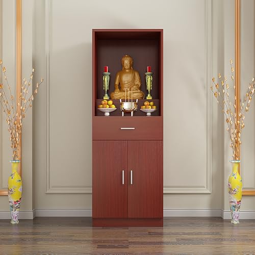 PAKMEZ 2-Stufiger Altarschrank, Neuer Vertikaler Schrank im Chinesischen Stil Opfertisch, Handgefertigter Puja-Tisch Mit Mehreren Ebenen Und Stauraum(Red) von PAKMEZ