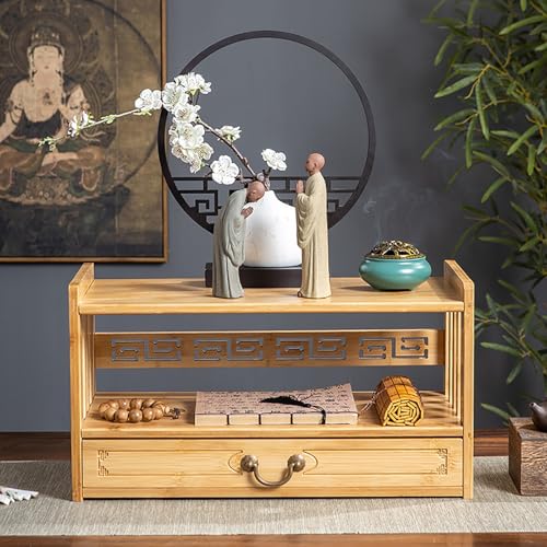 PAKMEZ Altartisch aus Bambus, Meditationstisch für Tischplatte, Puja Tisch mit Schublade, Chinesischer Stil Altar Table Für Gebete Weissagung Anbetung(Wood,42 * 25 * 28cm/16 * 9 * 11in) von PAKMEZ