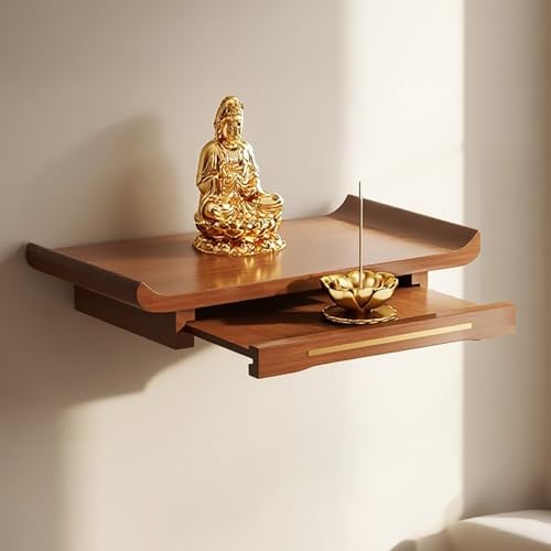 PAKMEZ Altartisch aus Holz Schrein Altar, Kleiner Buddhistischer für den Haushalt mit Einziehbarer Zugplatte, Buddha-Statuenständer zur Wandmontage(Brown,38 * 25 * 7cm/14 * 10 * 3in) von PAKMEZ
