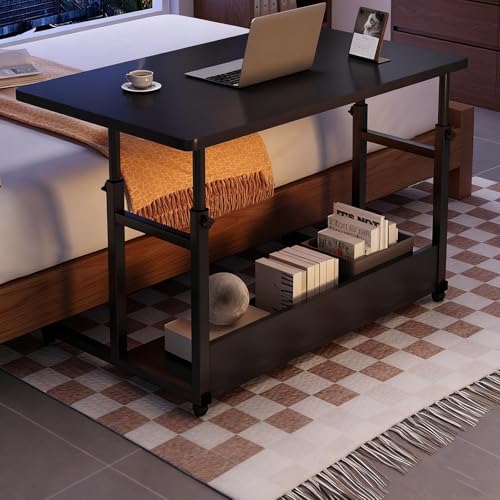 PAKMEZ Höhenverstellbarer Beistelltisch mit 4 Rollen, Pflegetisch mit Schallwand Metallrahmen, Vielseitig Platzsparend, für Home-Office, Arbeiten im Sitzen Stehen(Black) von PAKMEZ