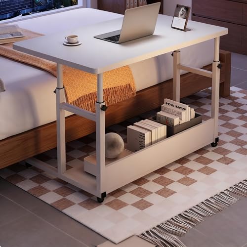 PAKMEZ Höhenverstellbarer Beistelltisch mit 4 Rollen, Pflegetisch mit Schallwand Metallrahmen, Vielseitig Platzsparend, für Home-Office, Arbeiten im Sitzen Stehen(White) von PAKMEZ