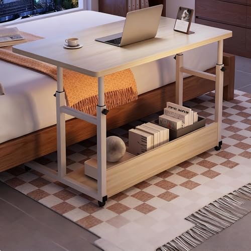 PAKMEZ Höhenverstellbarer Beistelltisch mit 4 Rollen, Pflegetisch mit Schallwand Metallrahmen, Vielseitig Platzsparend, für Home-Office, Arbeiten im Sitzen Stehen(Wood) von PAKMEZ