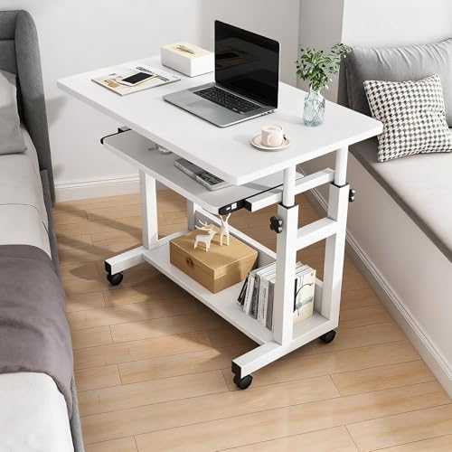 PAKMEZ Überbetttisch mit Rollen, Höhenverstellbar Schreibtisch, Mobiler Schreibtisch mit Schubladen, Pflegetisch mit Metallrahmen, Sofatisch für Wohnzimmer Schlafzimmer(White,60 * 45cm/23 * 17in) von PAKMEZ