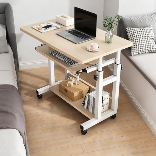 PAKMEZ Überbetttisch mit Rollen, Höhenverstellbar Schreibtisch, Mobiler Schreibtisch mit Schubladen, Pflegetisch mit Metallrahmen, Sofatisch für Wohnzimmer Schlafzimmer(Wood,60 * 45cm/23 * 17in) von PAKMEZ