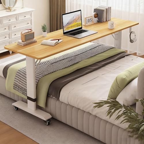 Überbetttisch mit Rollen, Höhenverstellbar Schreibtisch, Gestell aus Metall, Vielseitig Platzsparend, Perfekte Ergonomie für Dein Büro, Arbeiten im Sitzen Stehen(Wood,150 * 40cm/59 * 15in) von PAKMEZ