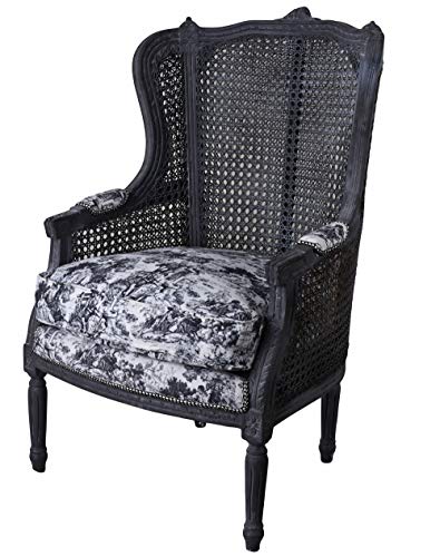 Antik Ohrensessel Toile de jouy Schwarz Sessel Shabby Chic Brocante Stuhl gepolster Holz Armlehnstuhl Rückenlehne cat0678i63 Palazzo Exklusiv von PALAZZO INT