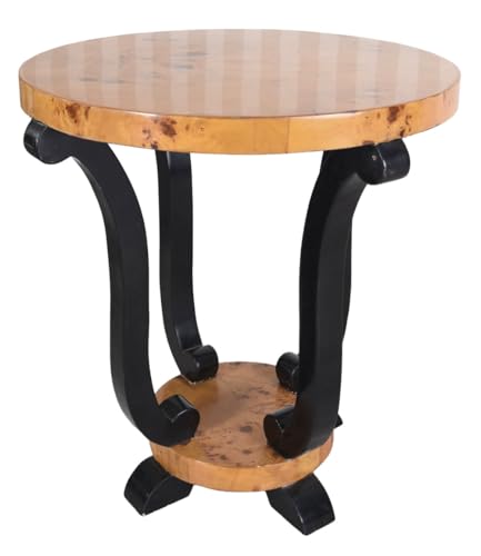 Art Deco Beistelltisch „Villa Gatsby“ rund Ø 60 cm – exklusiver Sofatisch aus Holz mit Wurzelholz furnierter, hochglanzpolierter Tischplatte & kunstvollen Voluten – Vintage Tisch im Stil der 1920er Ja von PALAZZO INT
