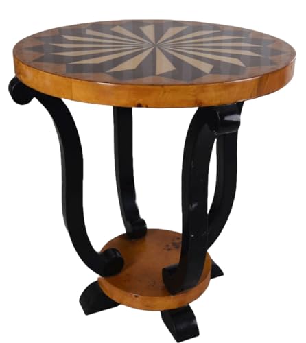 Art Deco Couchtisch „Villa Gatsby“ – runder Sofatisch aus Massivholz, furniert & hochglanzpoliert mit Stern-Intarsien, glamouröses Design im Stil der 1920er Jahre, Tisch auf geschwungenen Voluten, Ø 6 von PALAZZO INT