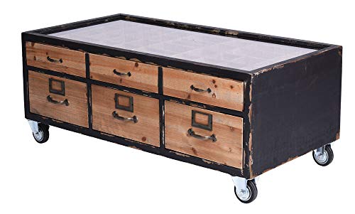 Couchtisch „Fabrik LOFT“ – Industrial Tisch | Glasplatte mit Setzkasten | Holz & Metall | 6 Schubladen | Vintage Tisch auf Rollen lof027 Palazzo Exklusiv von PALAZZO INT