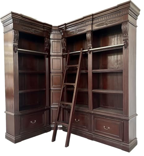 PALAZZO INT XXL Eckregal Manor House – Massives Mahagoni Bücherregal im englischen Antikstil mit Bibliotheksleiter, Tiefe Schubladen & Schnitzereien, 240cm H x 215cm B, für Bücher & Dekoration mar403 von PALAZZO INT