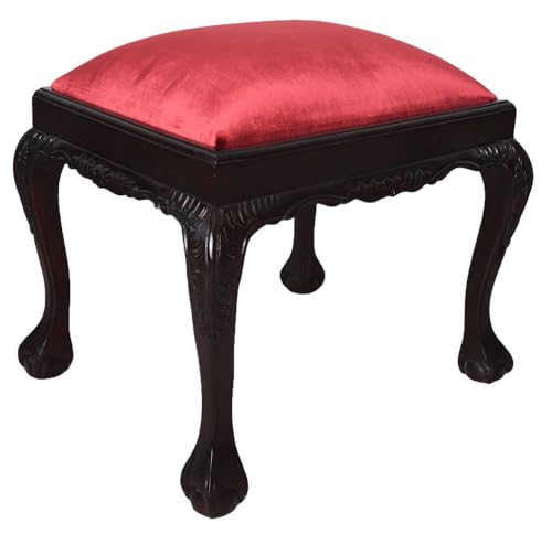 PALAZZO INT Historischer Hocker Villa Louise – Mahagoni-Sitzhocker im Kolonialstil mit rotem Samtbezug & Schnitzereien, 55 × 60 × 50 cm, vielseitiger Klavier-, Schminktisch- & Beistellhocker mar326 von PALAZZO INT